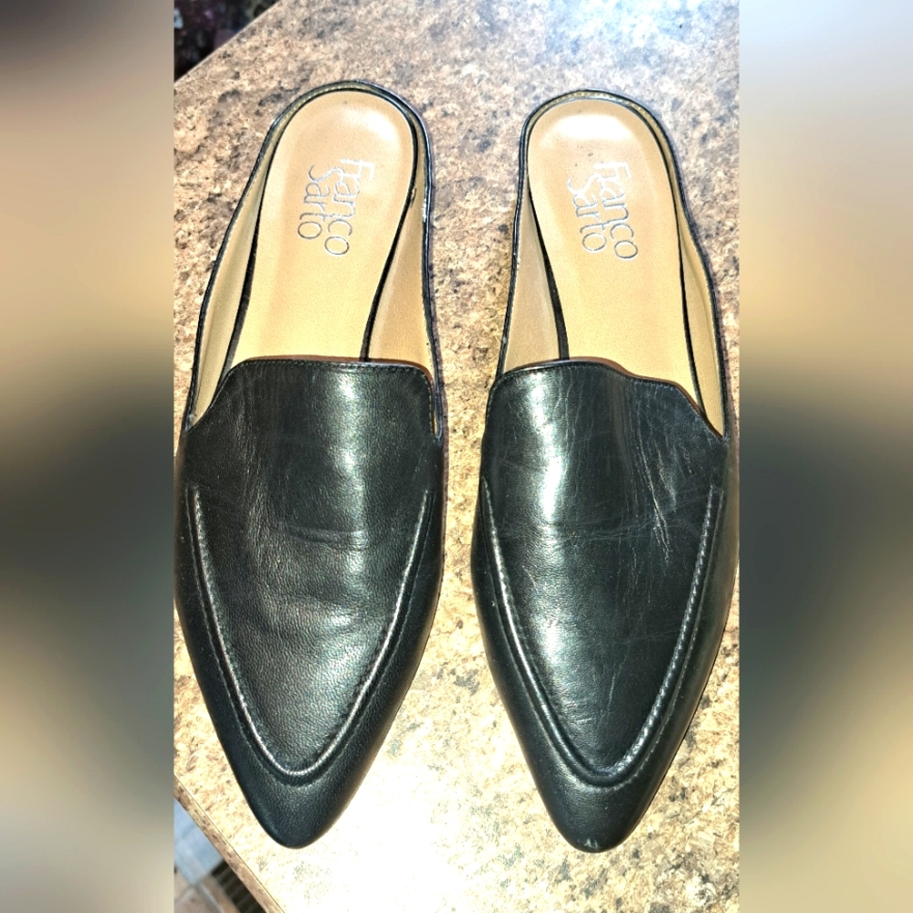 Franco Sarto Black Pointed Toe Leather Mules